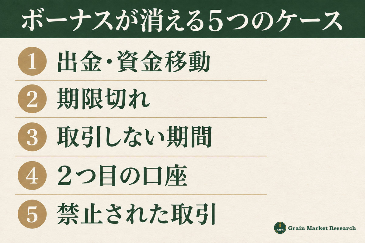 口座開設ボーナスが消える・受け取れない5つのケース:出金・資金移動、期限切れ、取引しない期間、2回目の口座開設、禁止されている取引